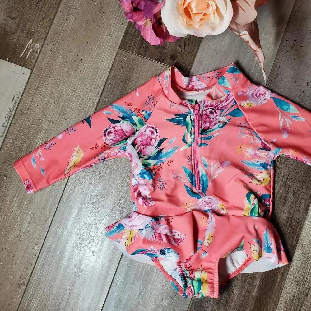 SHEIN Baby Girl Floral Print Raglan Sleeve Peplum One Piece Swimsuit Size 80